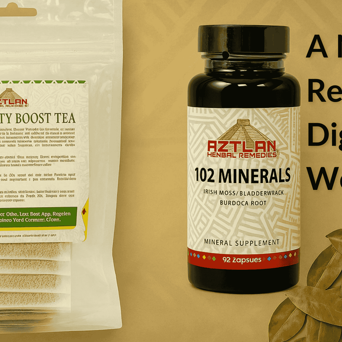 “A digital photograph showcases two Aztlan Herbal Remedies supplements—Immunity Boost Tea and 102 Minerals—alongside a small pile of dried bay leaves on a neutral-toned background, styled for a natural wellness blog.”