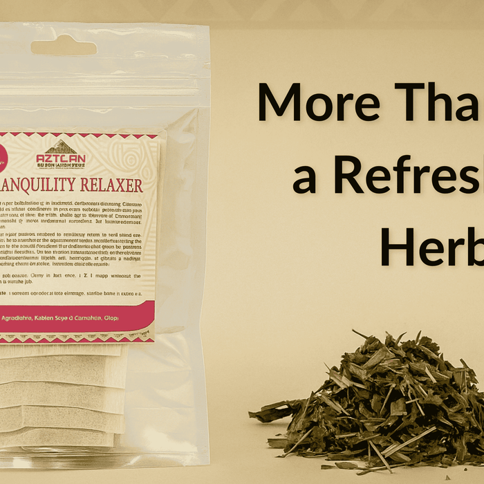 "A photograph presents a Tranquility Relaxer herbal tea bag pouch and a pile of loose dried Yerba Buena leaves arranged on a beige surface, styled for a wellness blog background."