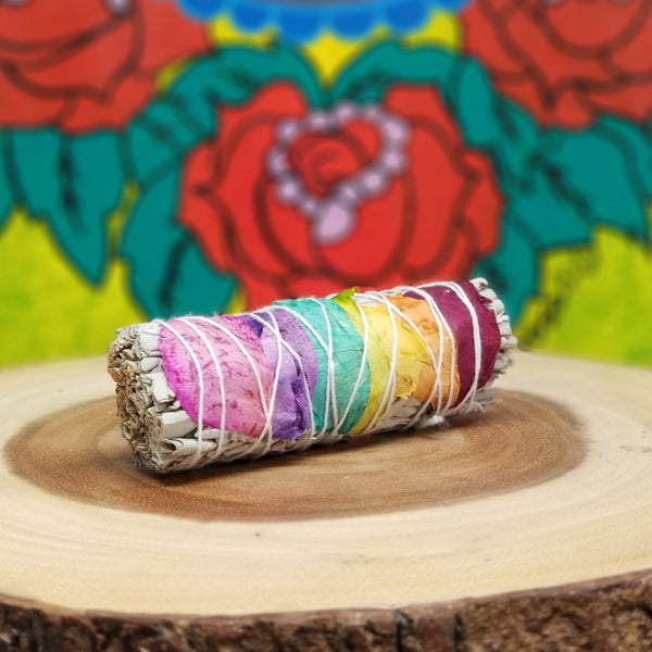California White Smudge Sticks with 7 Chakra Rose Petals